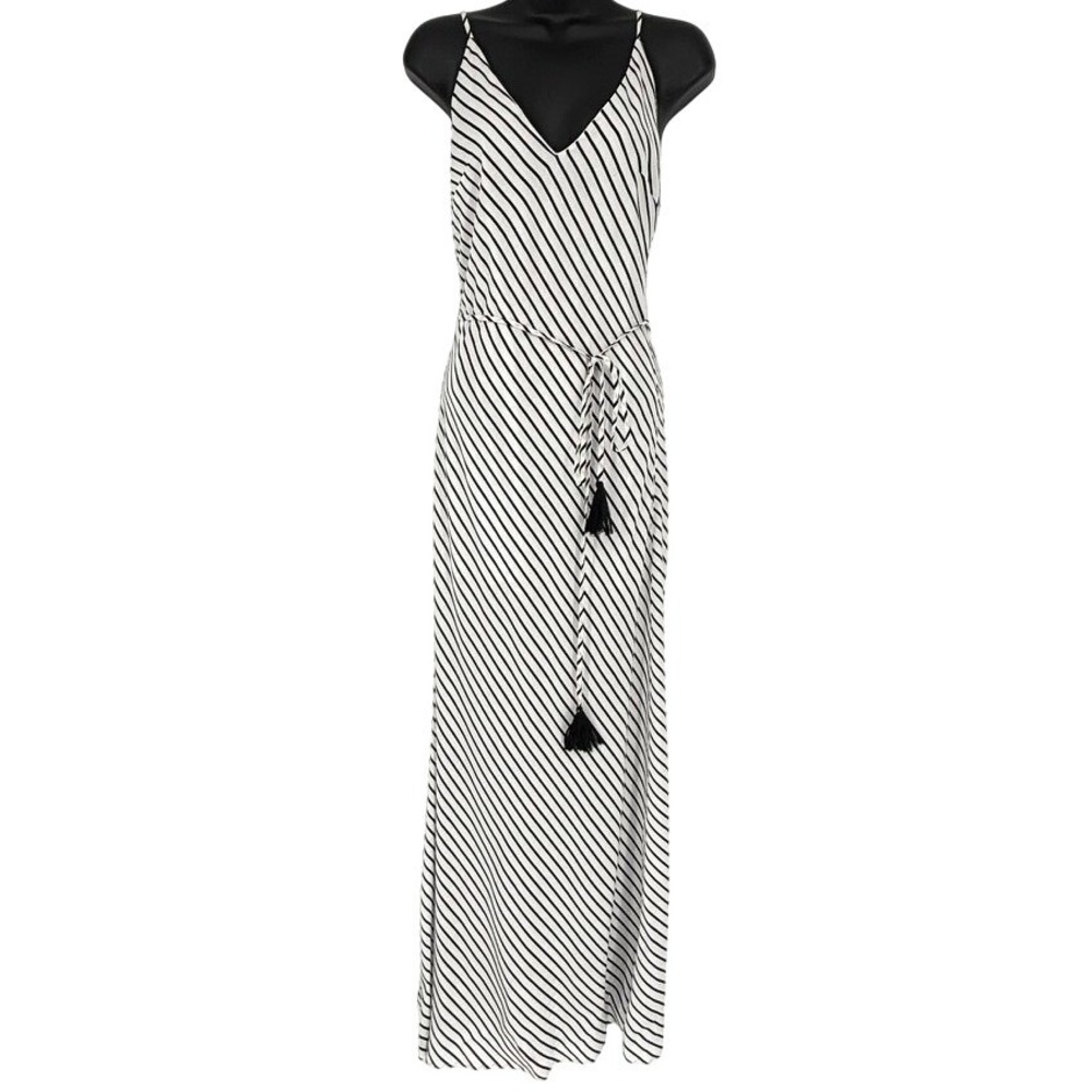 Aakaa Womens Black‎ White Striped Tassel Tie Maxi Dress Small Open Back V-Neck